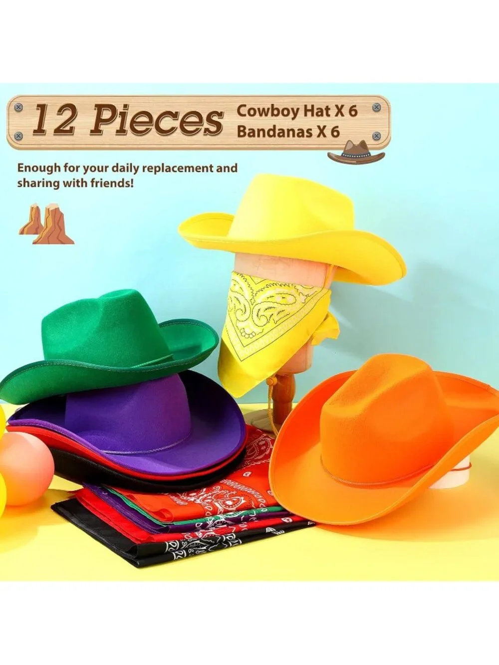 Men's Mix Color Bandanas Bulk Adjustable Felt Western Cowboy Cowgirl Hat 12 Pcs